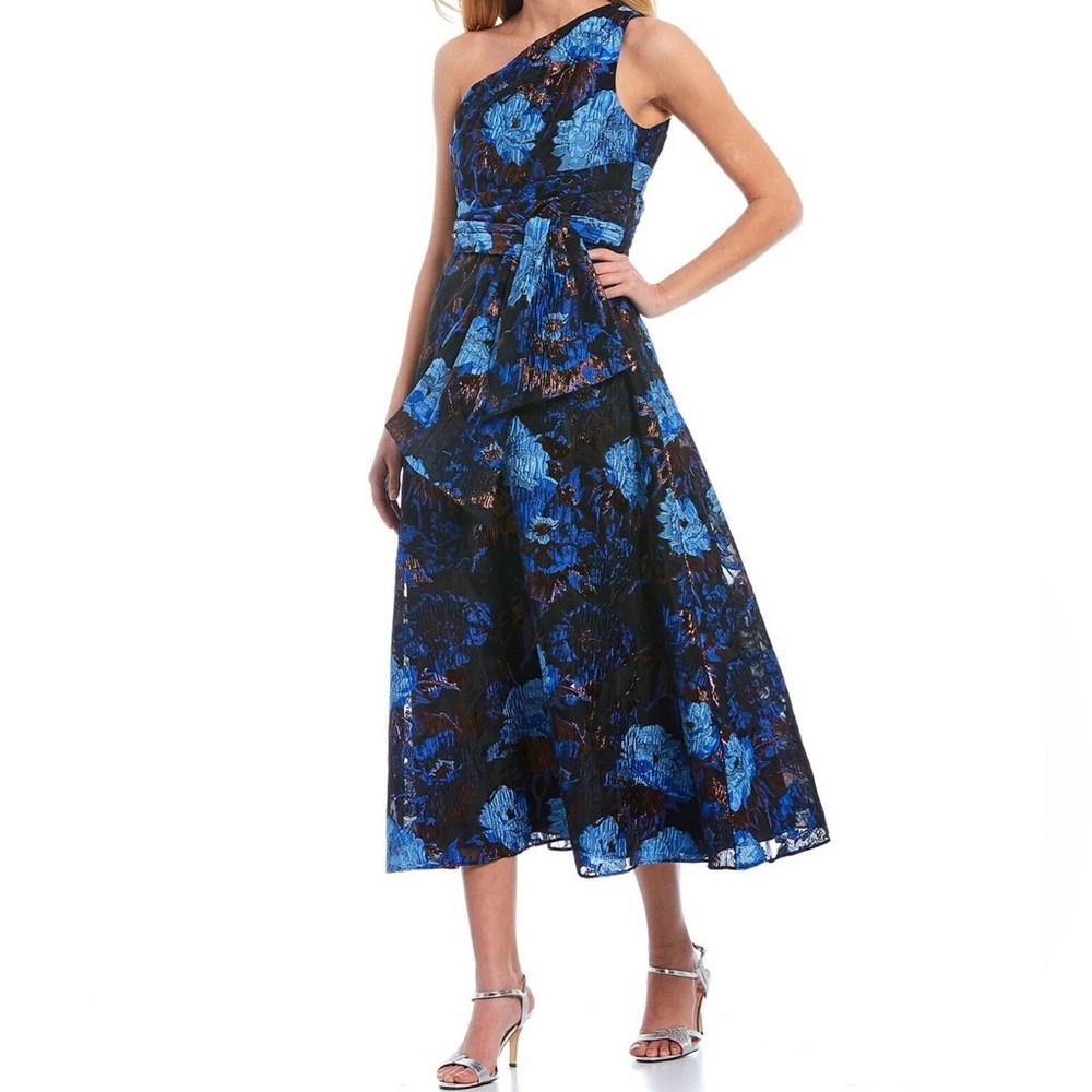 Aidan Matrix NWT $395 Metallic Brocade One Shoulder Formal Dress 4 Blue Black